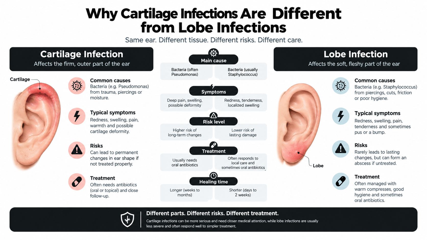 A comparison infographic detailing the differences between ear cartilage infections and earlobe infections, including symptoms and treatment.