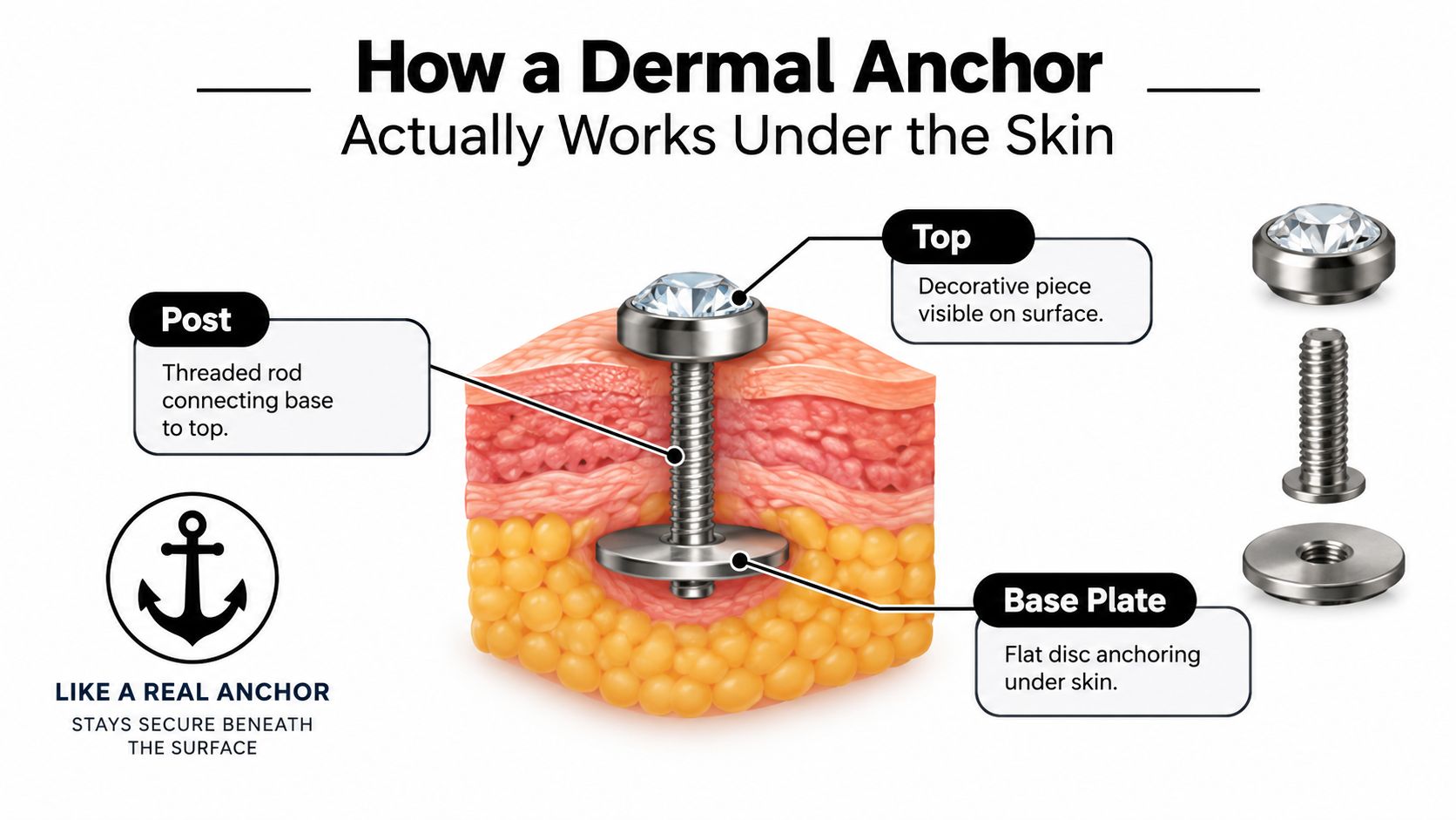 A detailed medical illustration showing the anatomy and placement of a dermal piercing jewelry anchor under the skin.