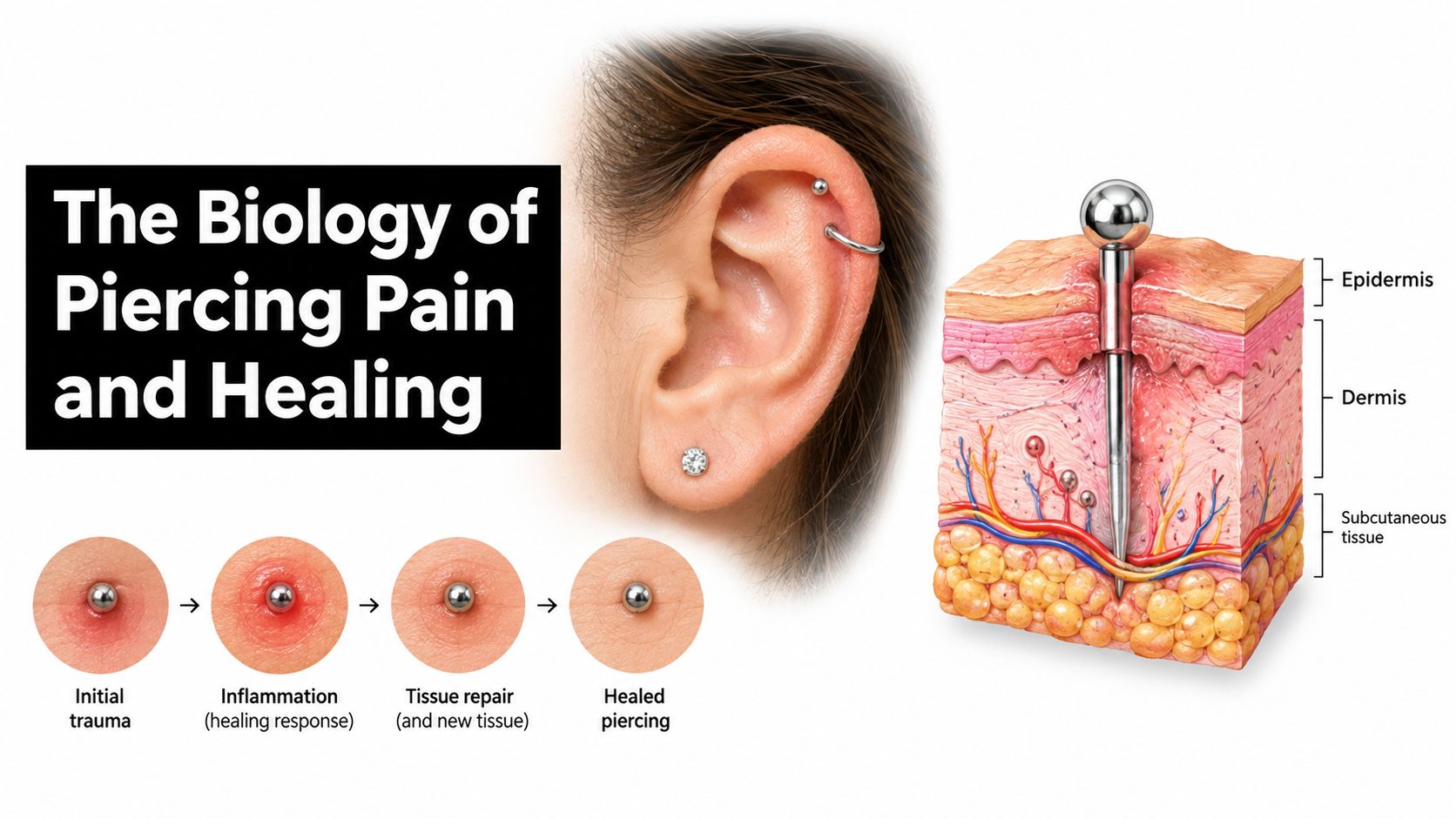 An educational illustration showing the anatomy of an ear piercing and the biological stages of healing.