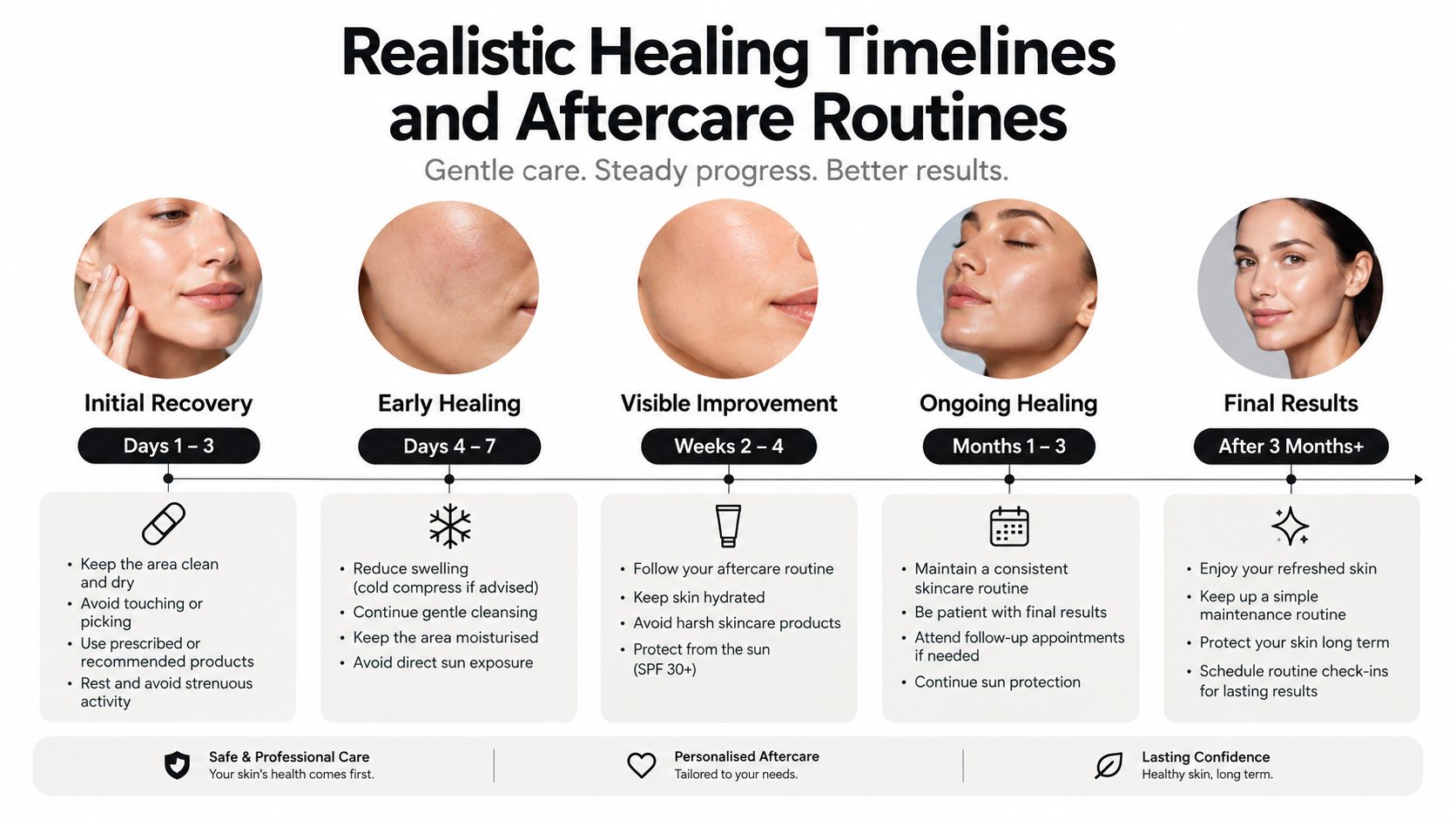 A timeline graphic illustrating the stages of skin recovery and aftercare steps following a cosmetic procedure.