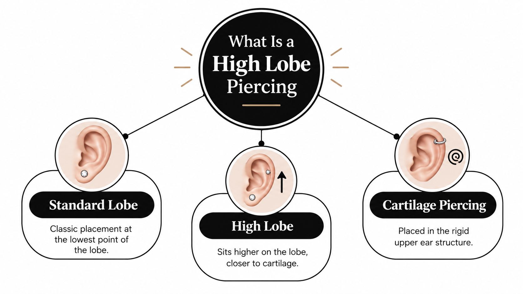 A diagram comparing a standard lobe piercing, a high lobe piercing, and a standard cartilage ear piercing.
