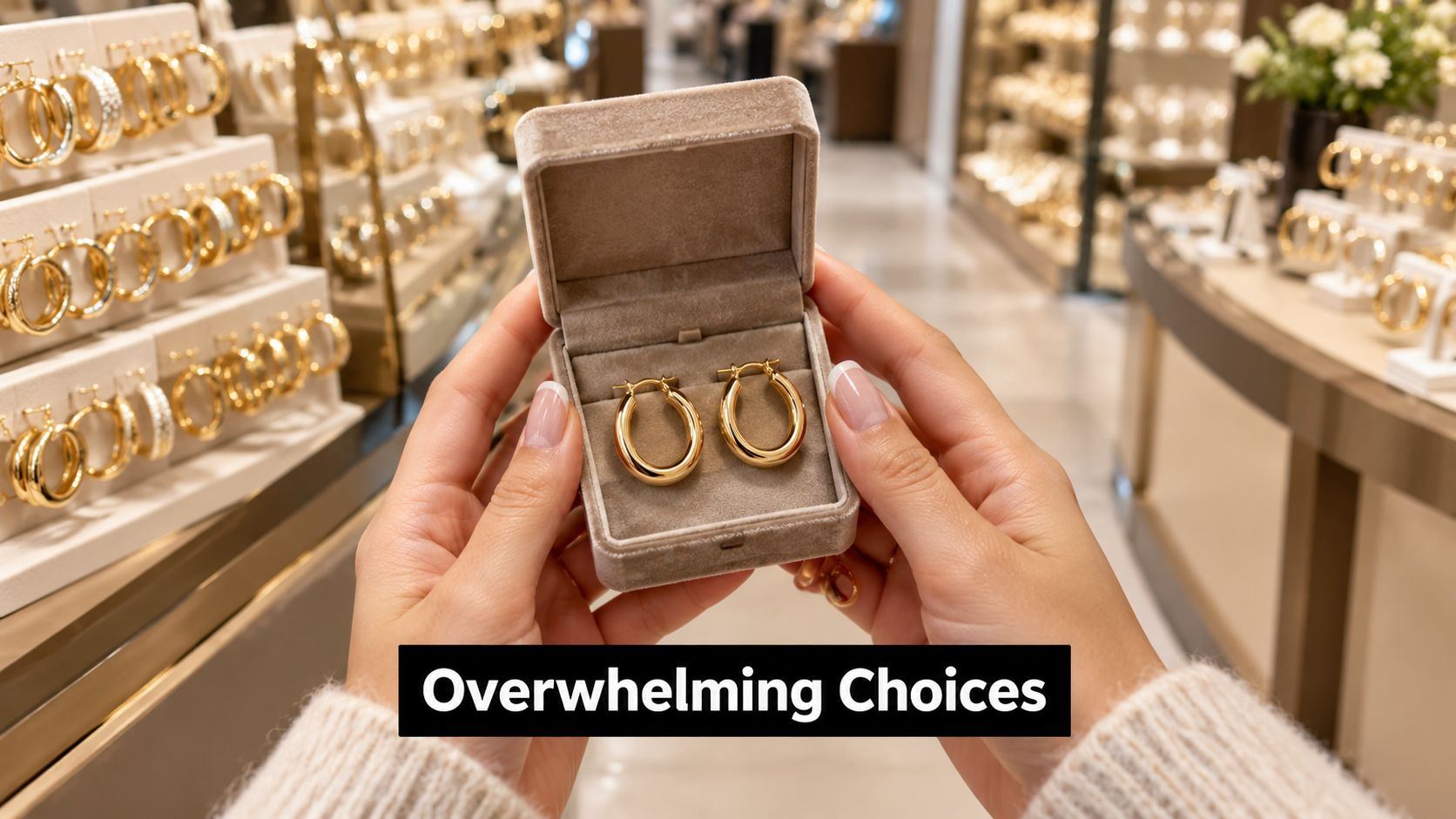 A person holding a small, velvet-lined gift box containing a pair of elegant gold hoop earrings.