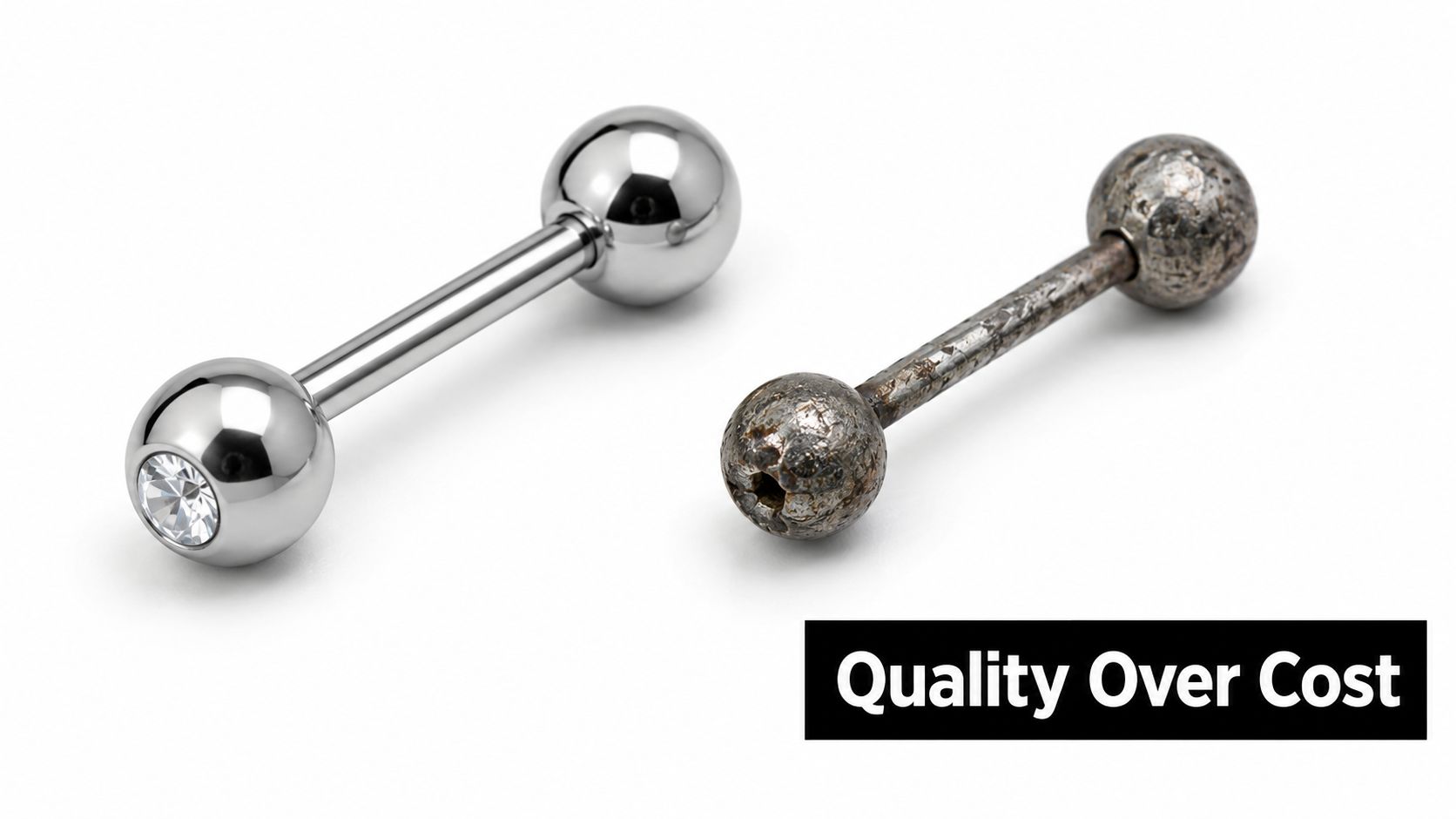 A high-quality smooth metal tongue piercing compared to a worn and degraded low-quality piercing.